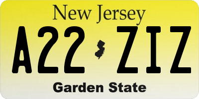 NJ license plate A22ZIZ