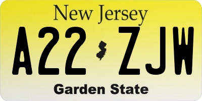 NJ license plate A22ZJW