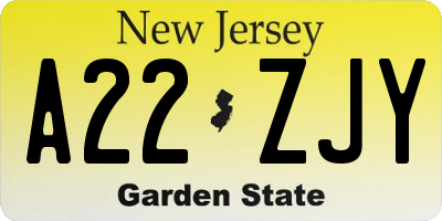 NJ license plate A22ZJY
