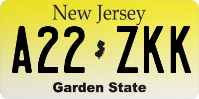 NJ license plate A22ZKK