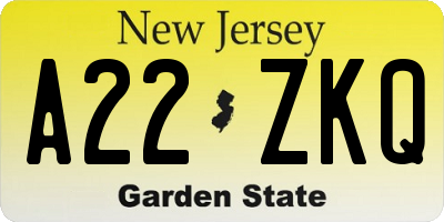 NJ license plate A22ZKQ