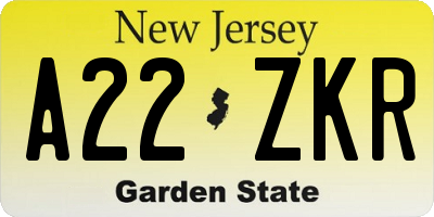 NJ license plate A22ZKR