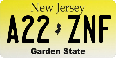 NJ license plate A22ZNF