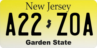 NJ license plate A22ZOA