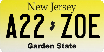 NJ license plate A22ZOE