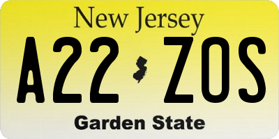 NJ license plate A22ZOS