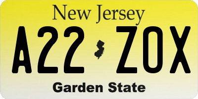 NJ license plate A22ZOX