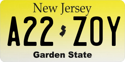 NJ license plate A22ZOY