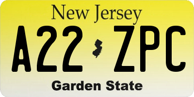 NJ license plate A22ZPC
