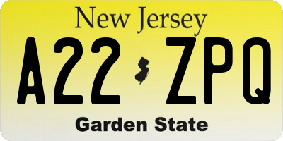 NJ license plate A22ZPQ