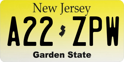 NJ license plate A22ZPW