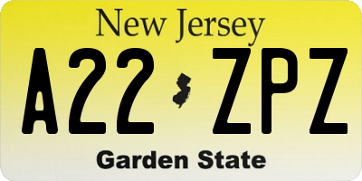 NJ license plate A22ZPZ