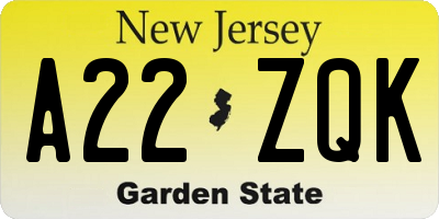 NJ license plate A22ZQK