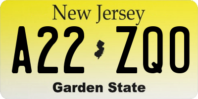NJ license plate A22ZQO
