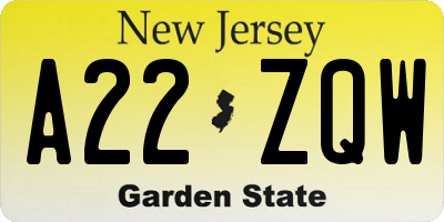 NJ license plate A22ZQW