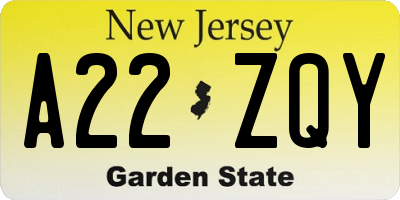 NJ license plate A22ZQY