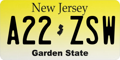 NJ license plate A22ZSW