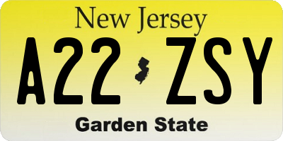 NJ license plate A22ZSY