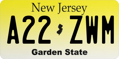 NJ license plate A22ZWM