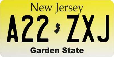 NJ license plate A22ZXJ