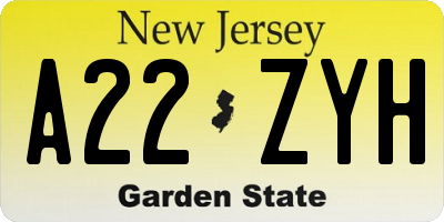 NJ license plate A22ZYH