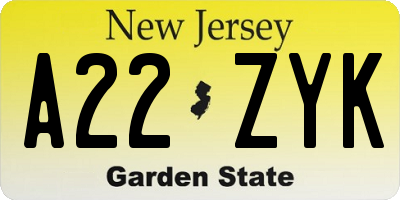 NJ license plate A22ZYK