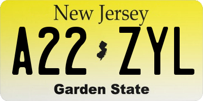 NJ license plate A22ZYL