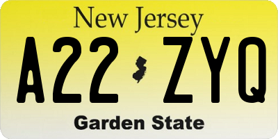 NJ license plate A22ZYQ
