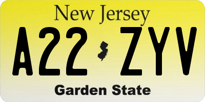 NJ license plate A22ZYV