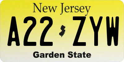 NJ license plate A22ZYW