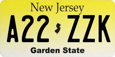NJ license plate A22ZZK