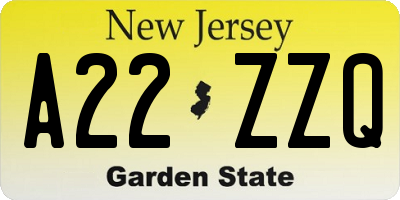NJ license plate A22ZZQ