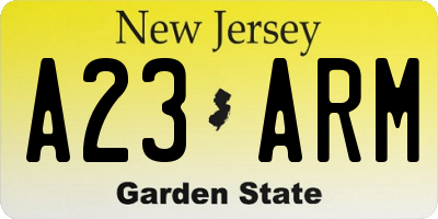 NJ license plate A23ARM