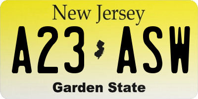 NJ license plate A23ASW