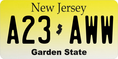 NJ license plate A23AWW