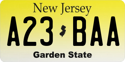 NJ license plate A23BAA