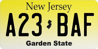 NJ license plate A23BAF