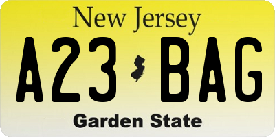 NJ license plate A23BAG