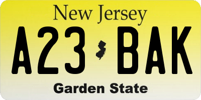 NJ license plate A23BAK