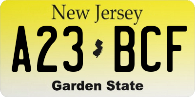 NJ license plate A23BCF