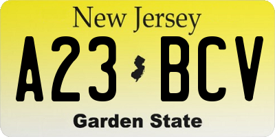 NJ license plate A23BCV