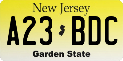 NJ license plate A23BDC