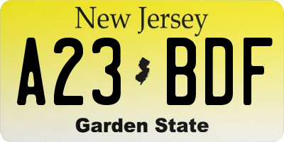 NJ license plate A23BDF