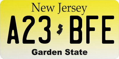 NJ license plate A23BFE