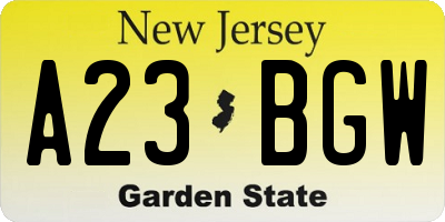 NJ license plate A23BGW