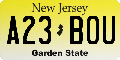 NJ license plate A23BOU