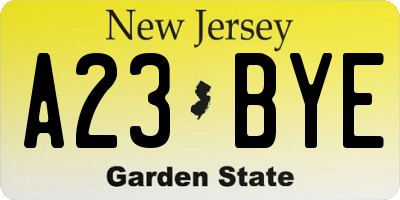 NJ license plate A23BYE