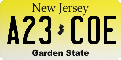 NJ license plate A23COE