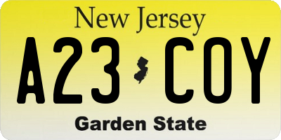 NJ license plate A23COY