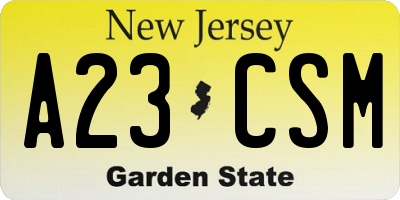 NJ license plate A23CSM